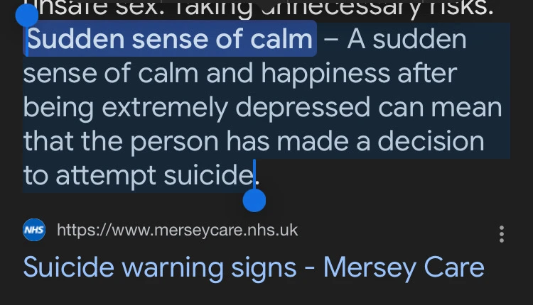 @Moritz this one is the one you really have to keep an eye on. Sudden happy behavior as well, sudden new sense of direction in life… when it feels too firm and steady it points towards finality.