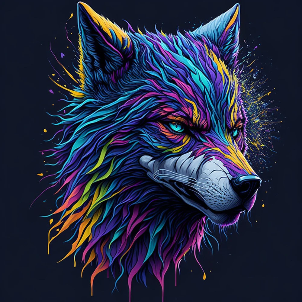 An splash art digital illustration of a wolf with vibrant colours 