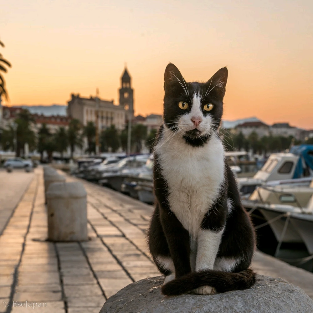 Photography of Tommy the cat took during sunrise in Split, Croatia. Seaside
