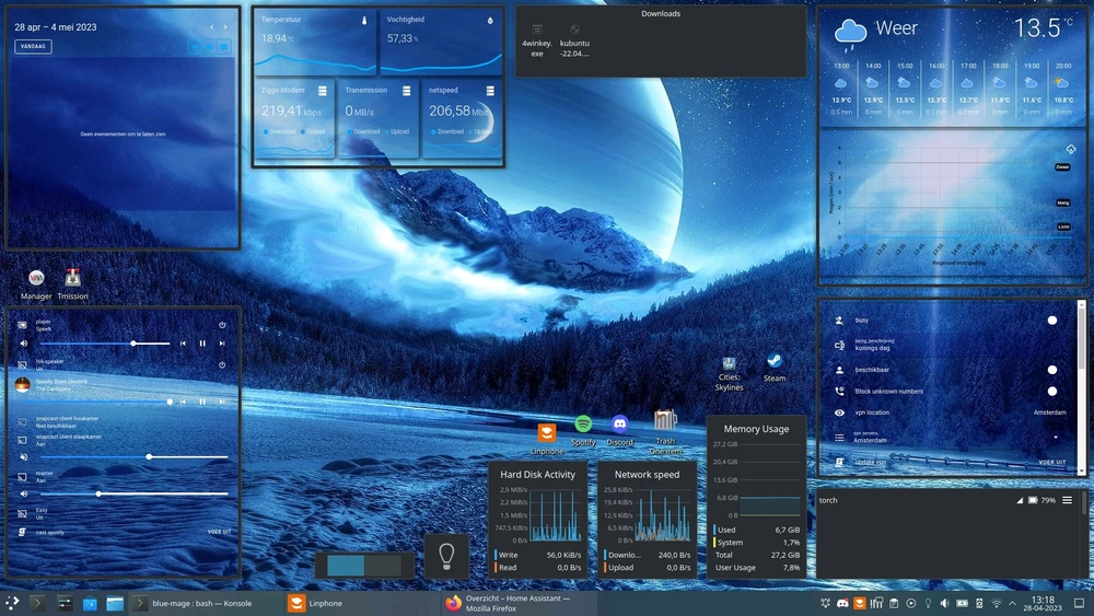 Kde desktop met home assistant widgets met een achtergrond die het zelfde is als de bureaublad achtergrond
