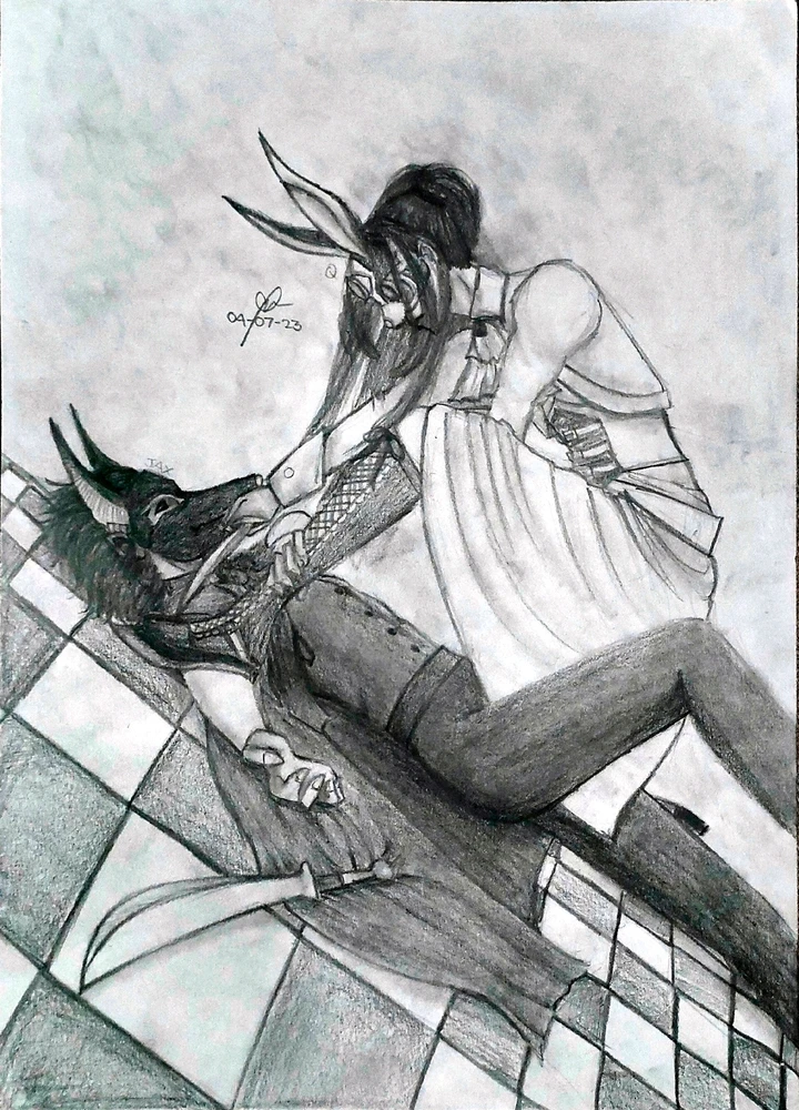 Enemies to lovers trope art.

Boy with Anubis mask pinned by a girl in a bunny mask, pointing a dagger to his throat. 