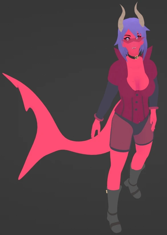A 3D model of a demon character with blue hair, a shark tail and red shades. Made in Blender and has an anime aesthetic