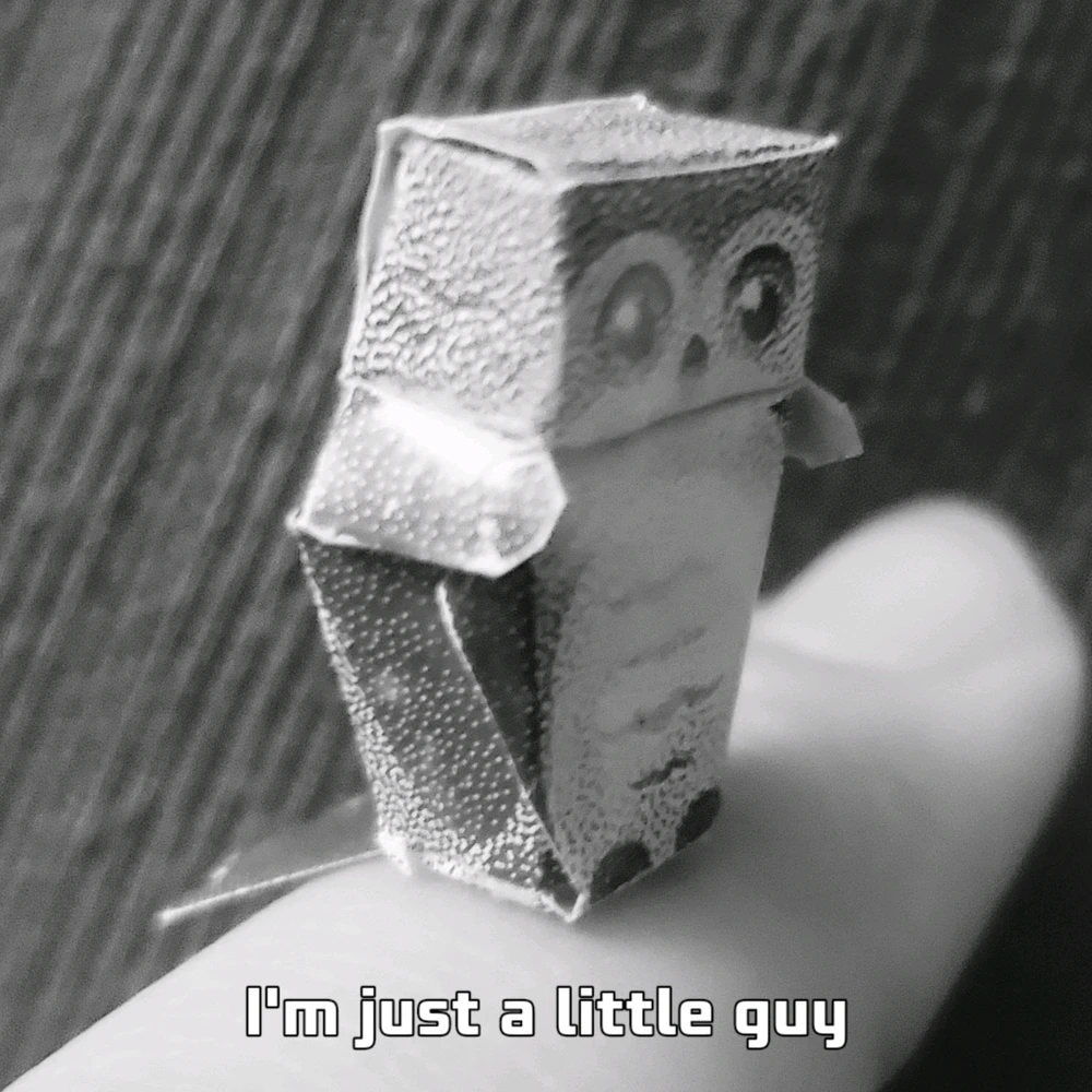A photo of a tiny (12mm approximately) papercraft owl balancing on a finger. The caption reads "I'm just a little guy" 