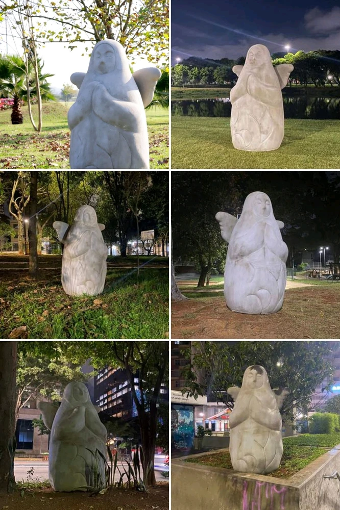 Collage of six photos of a statue.