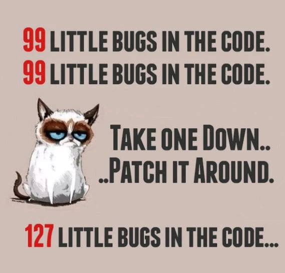 99 little bugs in the code.
99 little bugs in the code.
Take one down...
...patch it around.
127 little bugs in the code...