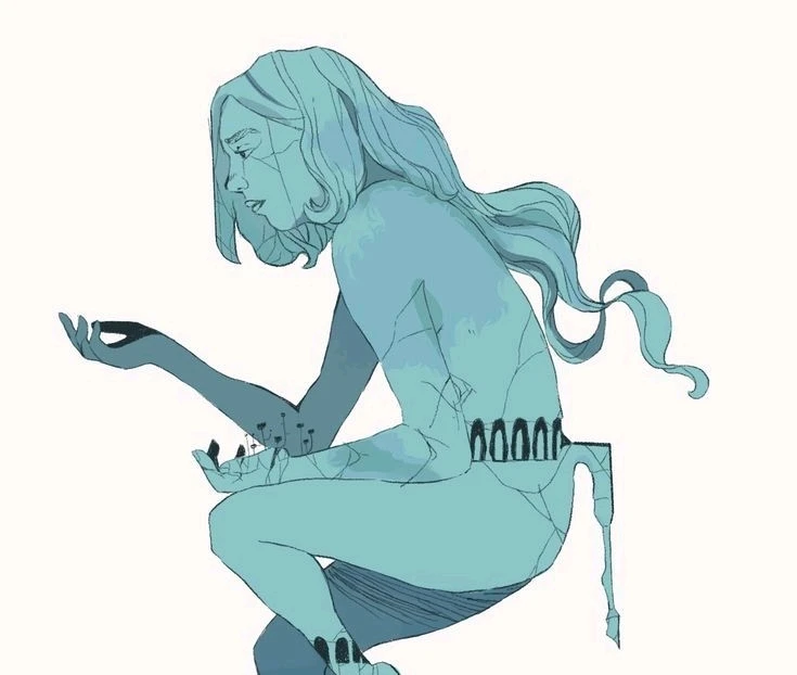 A redraw of a piece of concept art from the game Gris. A statue of a woman. Digital, watercolor style. Blues and greens.