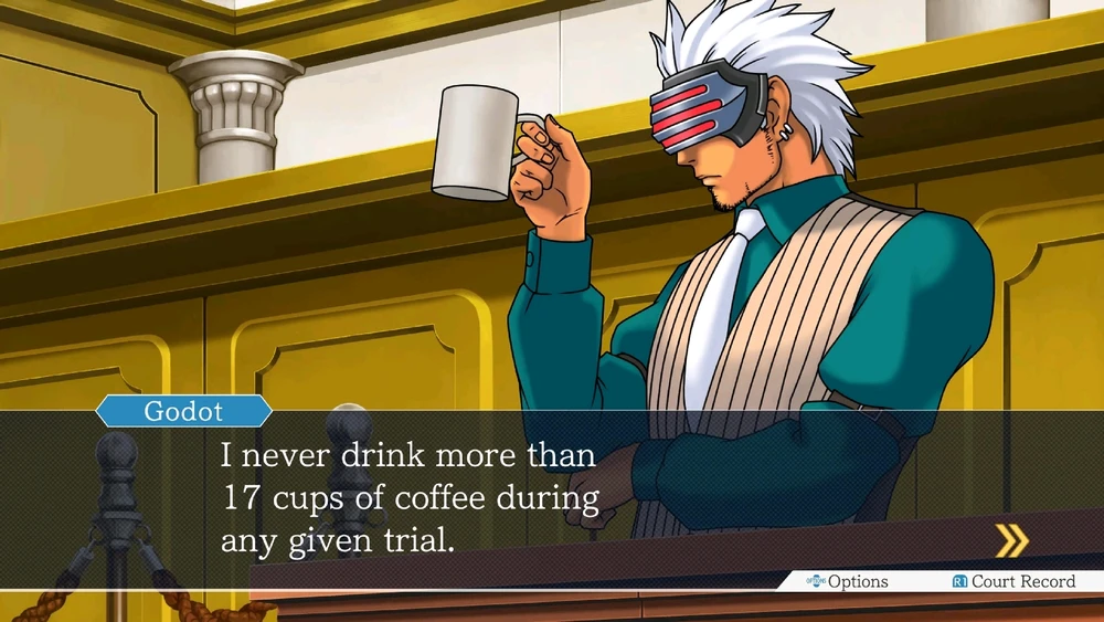 A man in a courtroom holds a coffee mug. Caption reads: "I never drink more than 17 cups of coffee during any given trial."