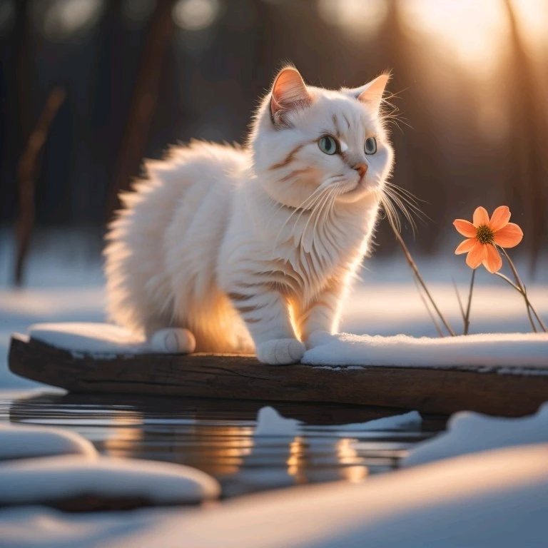 قط ابيض يقف على خشبة طائفة على الماء وفي فصل الشتاء والمكان محوط بالثلج الابيض ومع ذلك هنالك بعض الازهار قد نمت في هذا الفصل 