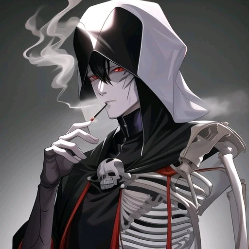 شخصية انمي غامضة
نصف جسمه عبارة عن هيكل عظمي يرتدي وشاح يخفي فيه حقيقته الغامضة ونظراته غريبة مع لون عينين حمراء 