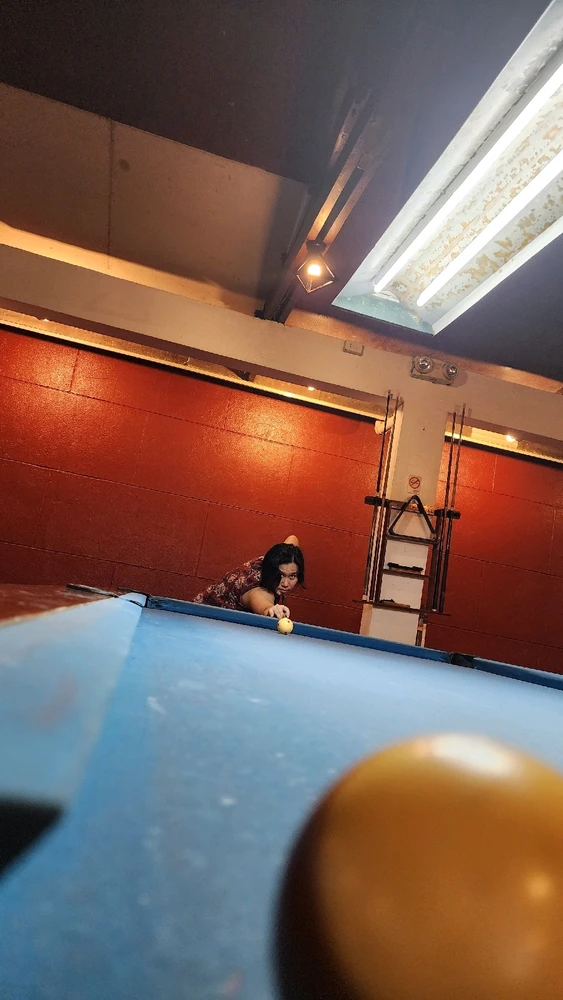 Low close up angle from the 15 ball. I'm on the other end of the billiards table, aiming my white ball to pot the last ball.