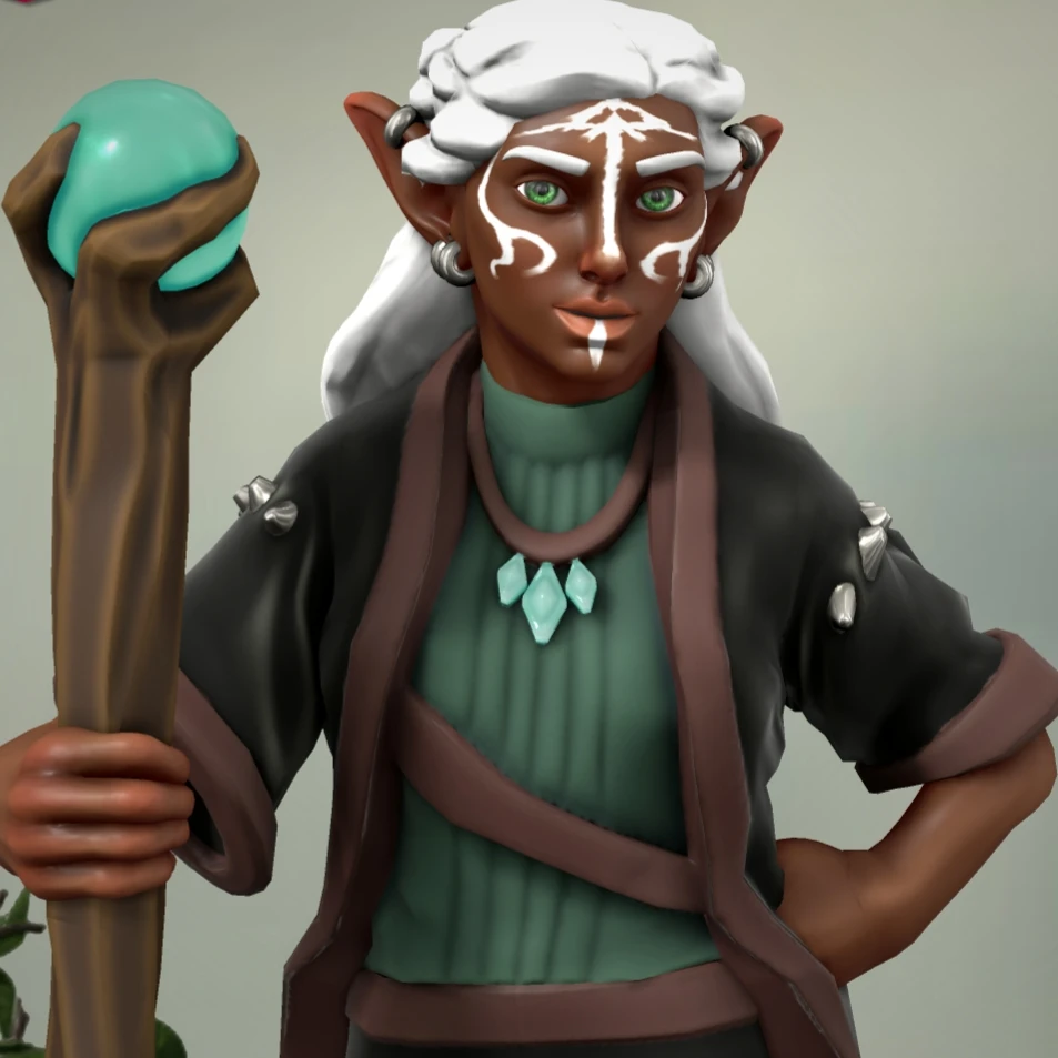 A headshot of a female-presenting, dark-skinned wood elf with long white hair and green eyes. She has white face tattoos.