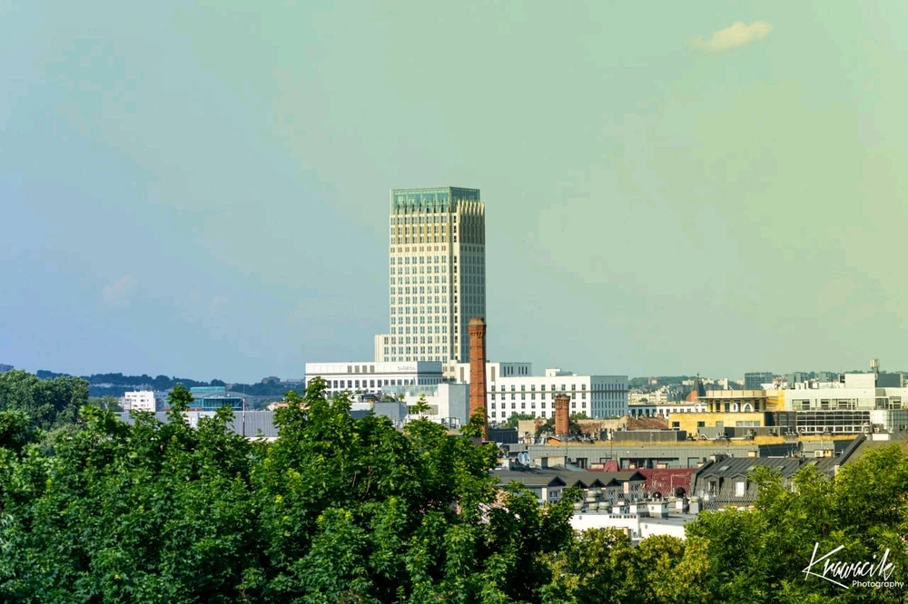 Zdjęcie panoramy miasta, z widocznym wieżowcem po środku.