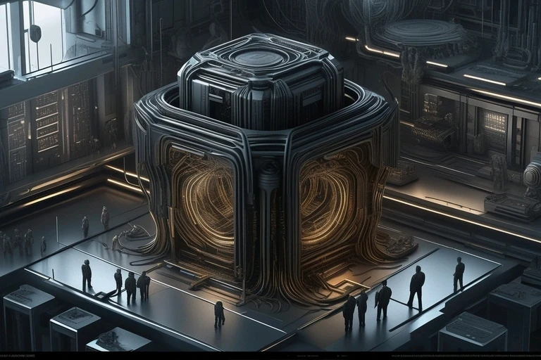 Futuristic, super modern computing laboratory. An enormous super computer. Several persons look at it.