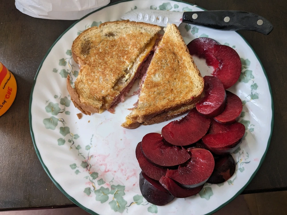 A grilled sandwich cut into two halves on a large white plate, sliced plums next to the sandwich, and a knife.