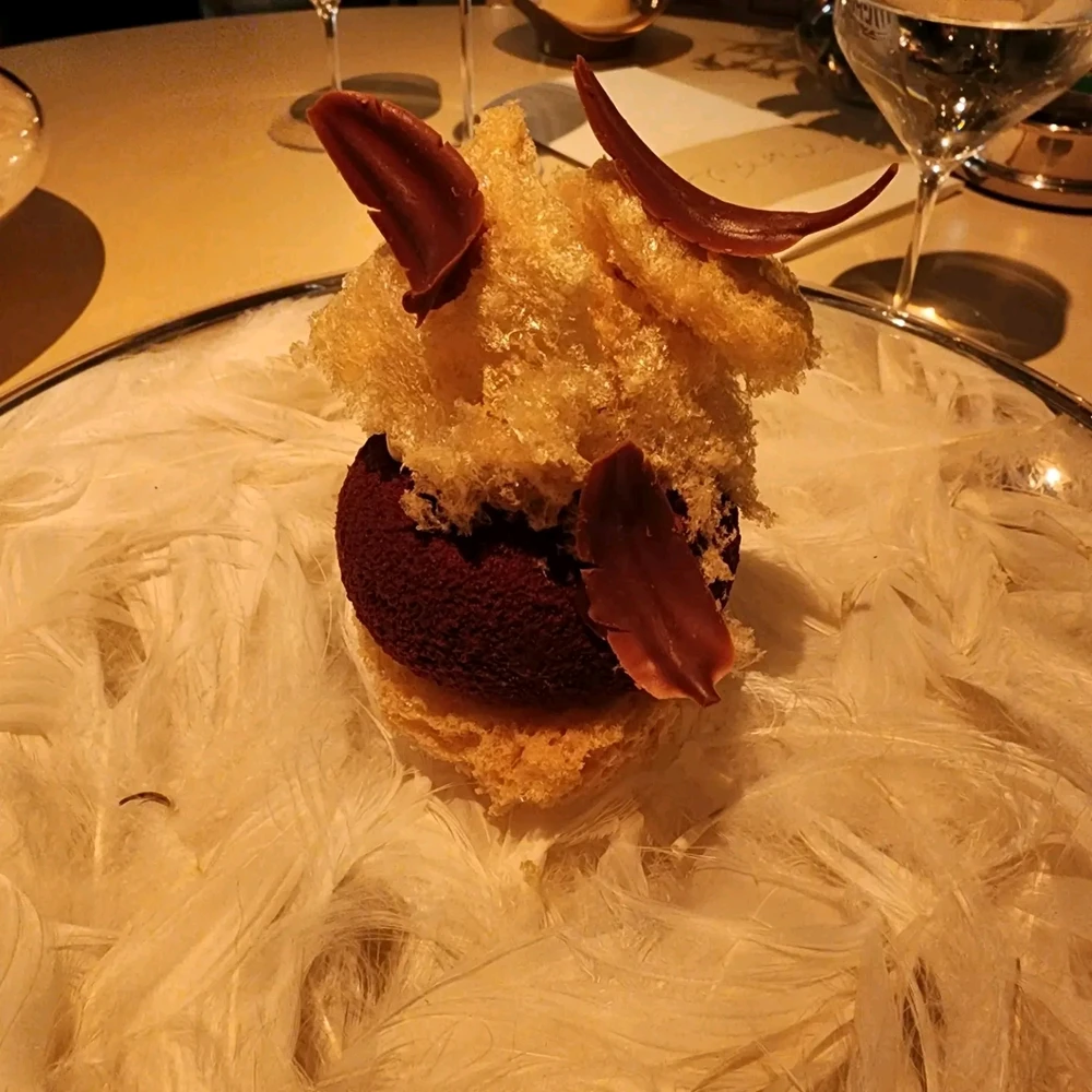 Core-teser at Clare Smyth's flagship in London. Feather-like chocolate dessert with airy and wafer-like textures.