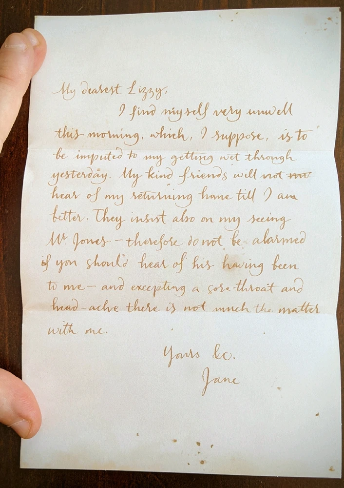 Jane’s letter to Lizzy, complete with water stains, indicating it was delivered through wet weather.