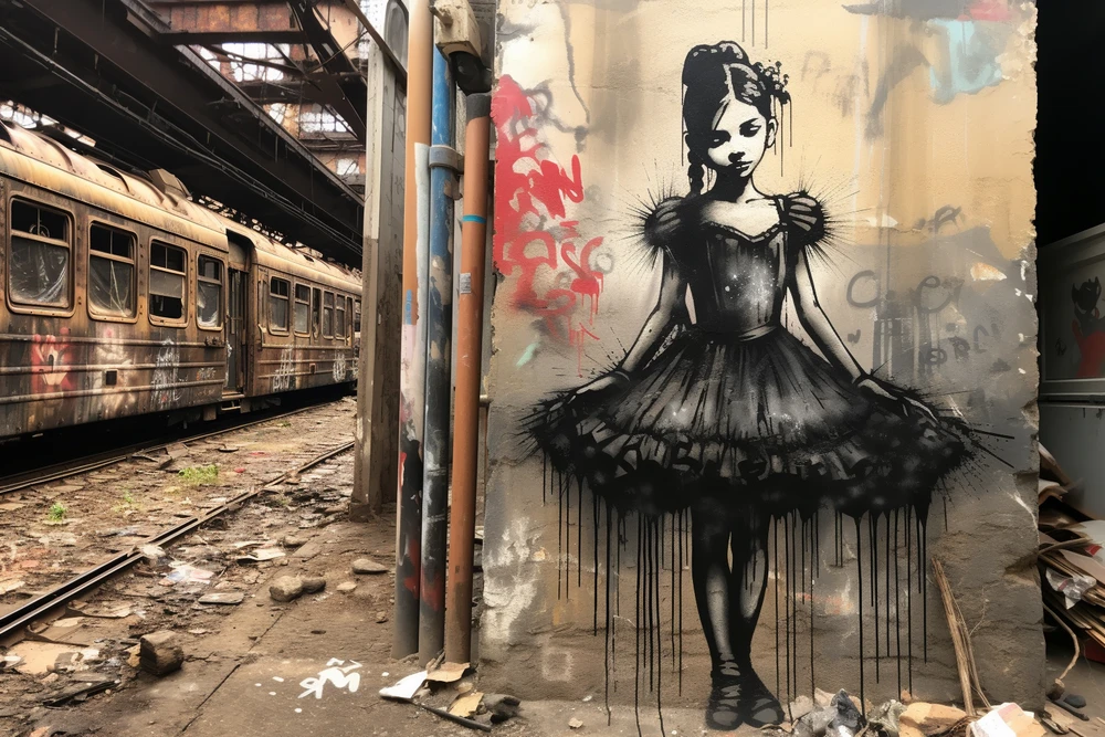 Stencil art sulla parete di una stazione abbandonata 
Immagine creata con l’Ai 