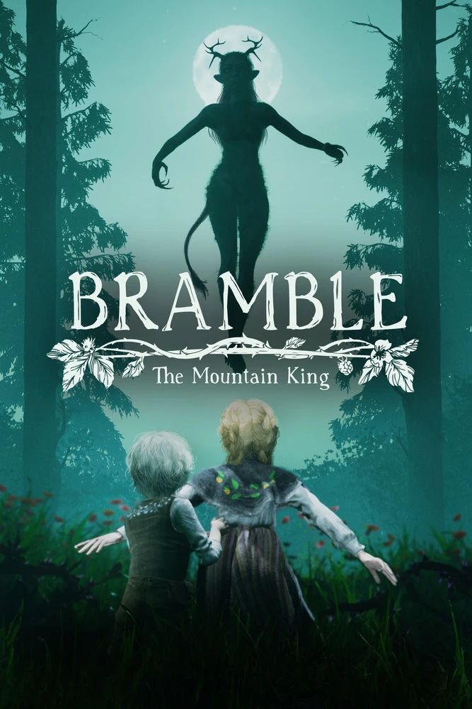 Cover of video game called Bramble. 2 children, seen from behind, are watching a female forest spirit hovering in the woods