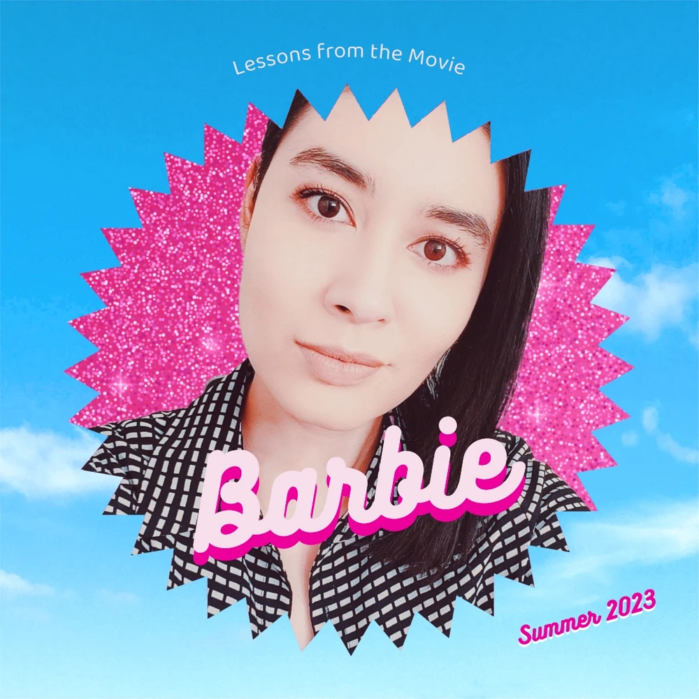 Close up of a smiling woman with dark hair on a sparkly pink circle and bright blue sky, with "Lessons from the Movie".