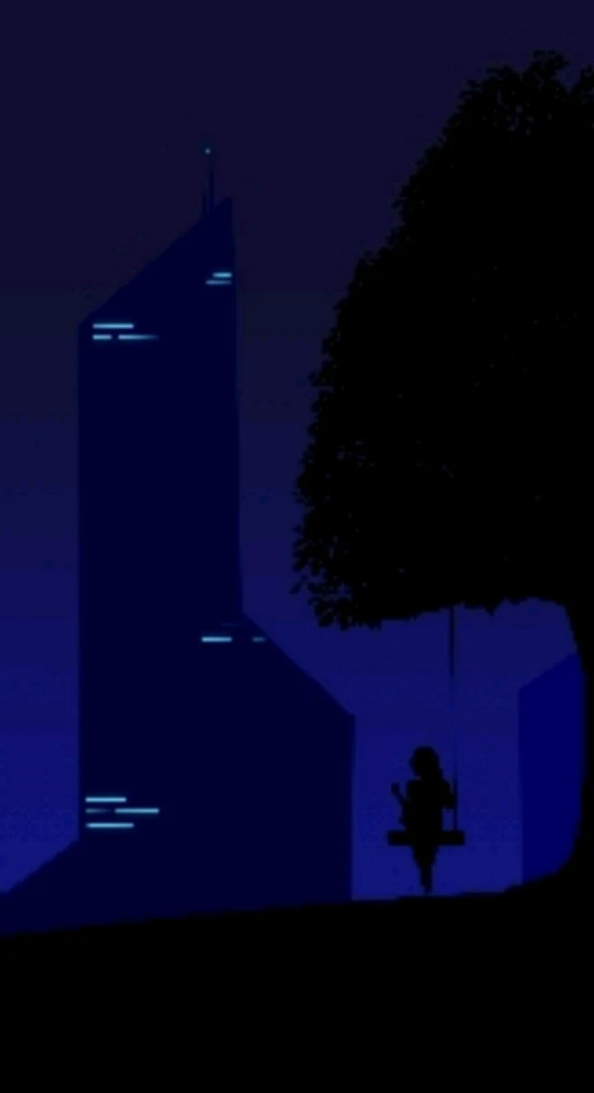 Nachthimmel in Emperial Metropolis. Frau sitzt auf schaukel an einem Baum und beobachtet die Skyline