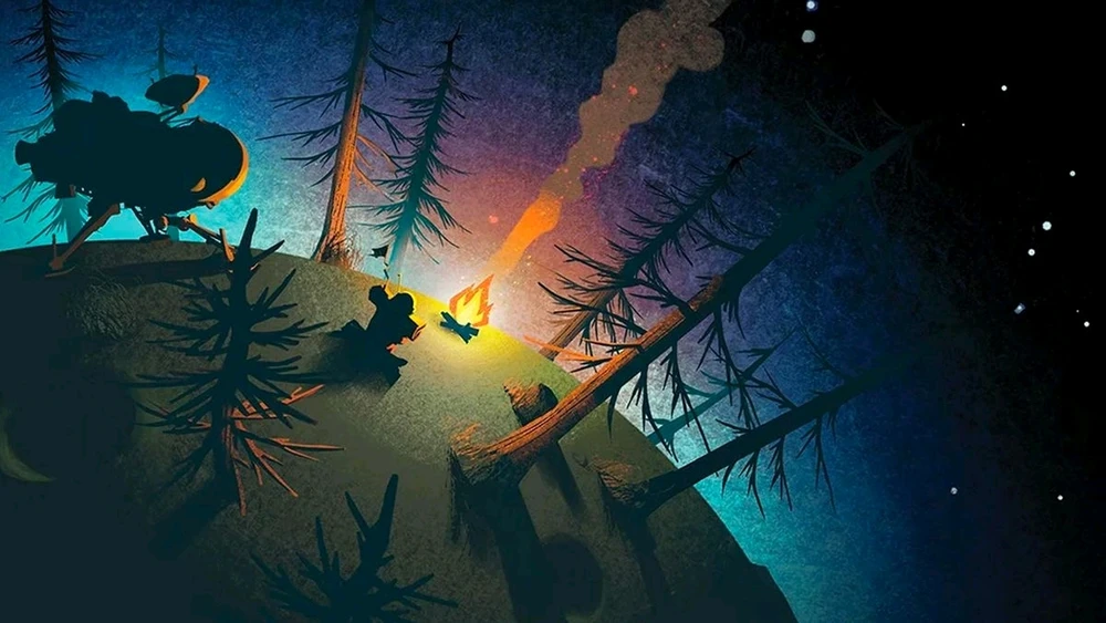 A view from space down to a planet full of trees. A sunset flows into space, and a small campfire sits on the ground.