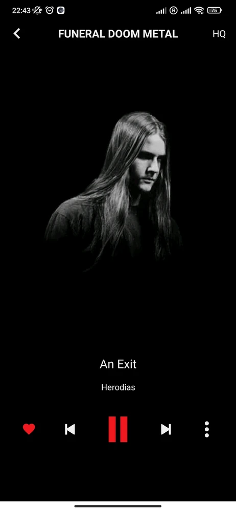 A screenshot of the Caprice Radio application.  It's on the funeral doom metal channel, An Exit - Cult of Heridoas playing. 
