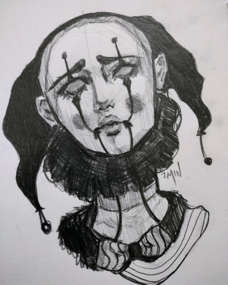 A drawing of a sad woman bust up in clown attire and clown-like makeup. 