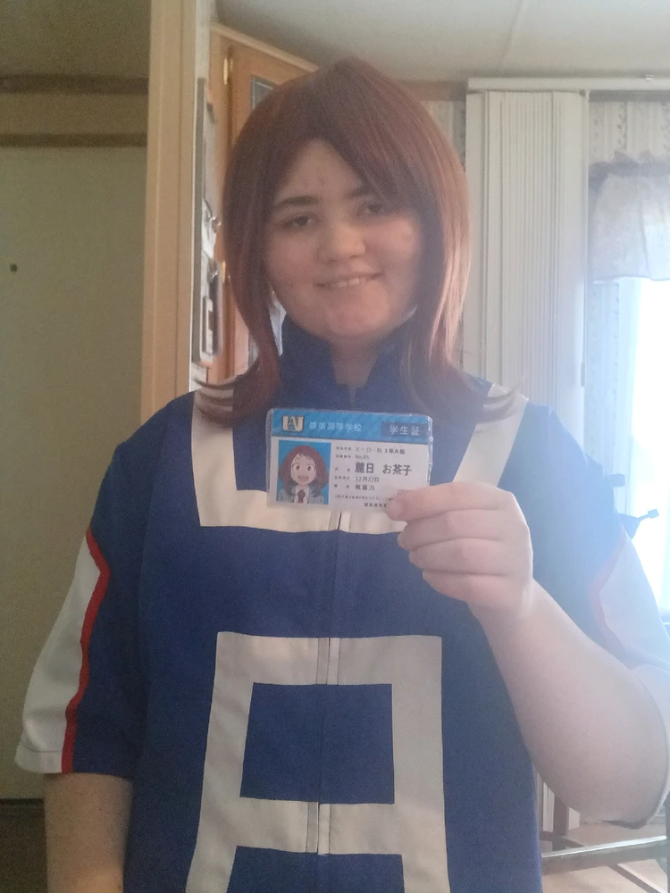 Ochako Uraraka cosplay, gym/training uniform, and her official student ID