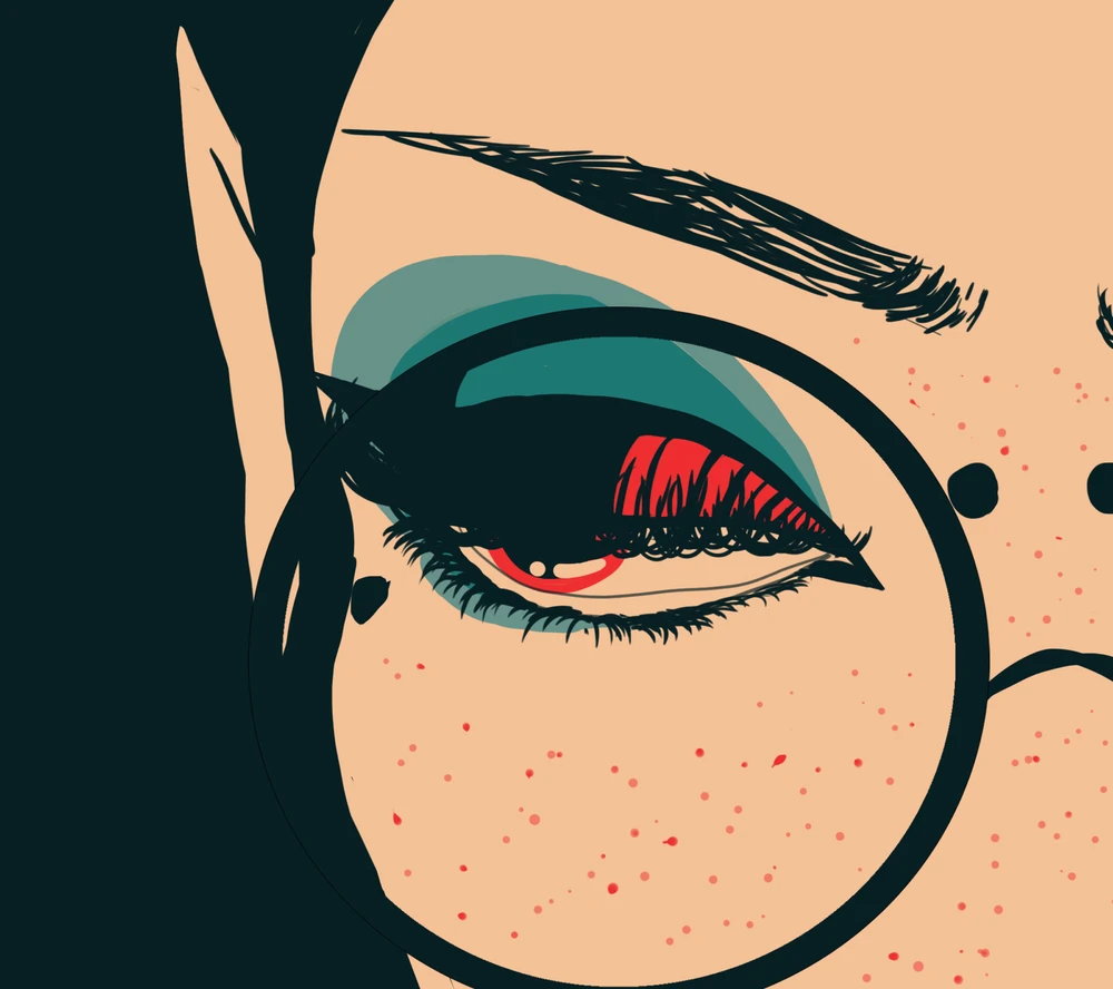 Digital art pieces of a fem presenting person with glasses giving a side eye stare