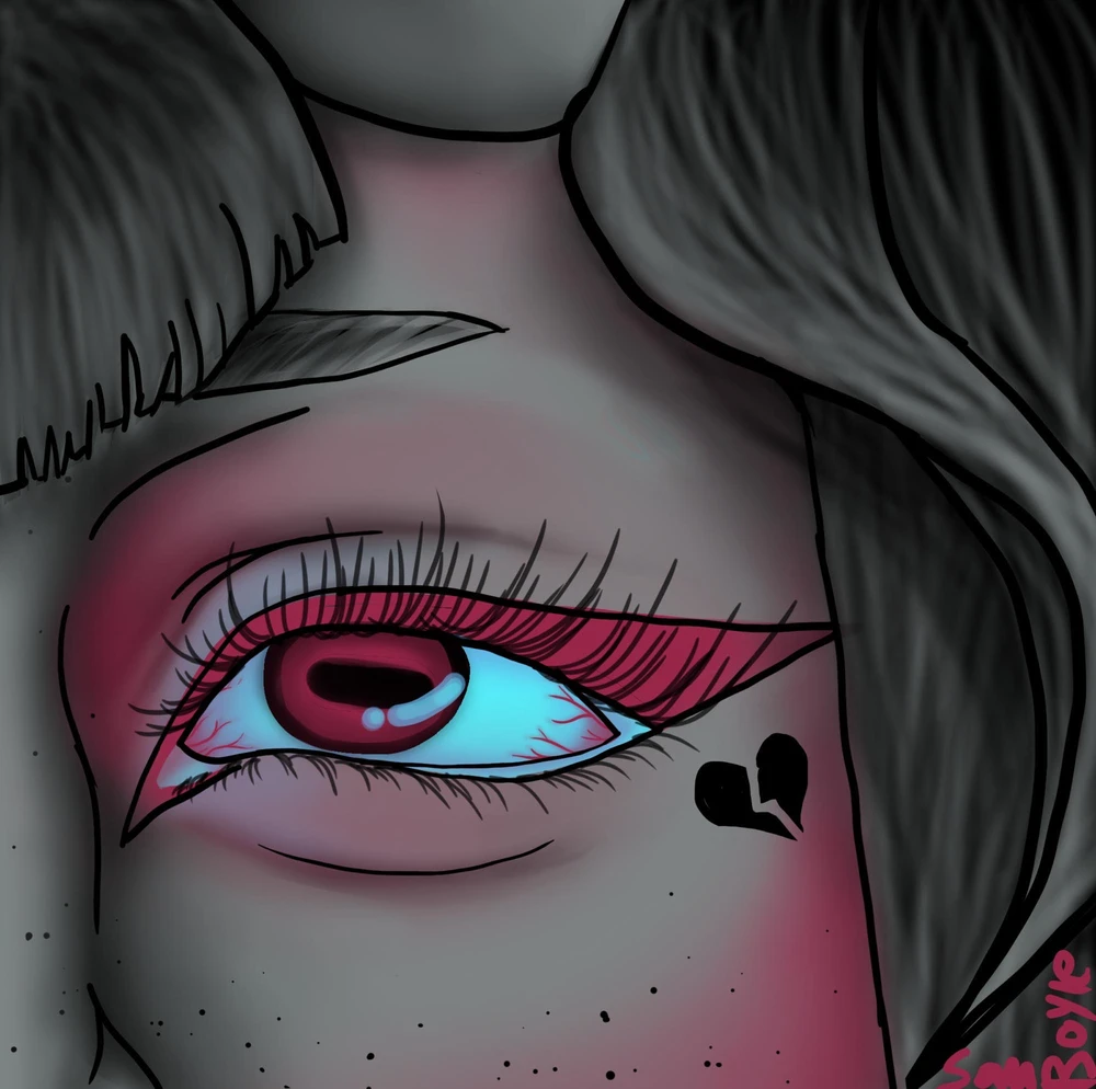 Close up half face drawing of a horned fem presenting person with a goat eye looking at/towards the viewer