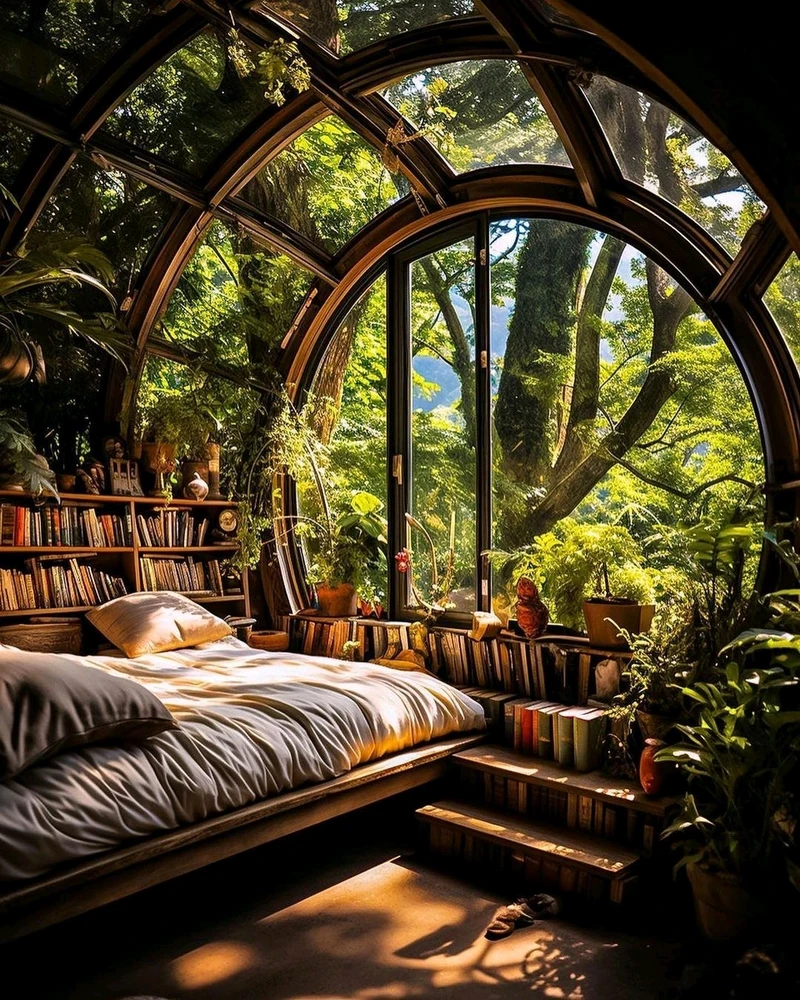 🌿 Nature-Inspired Retreat: A cozy #IndoorOasis with a curved glass window offering stunning views of lush green trees. Relax 