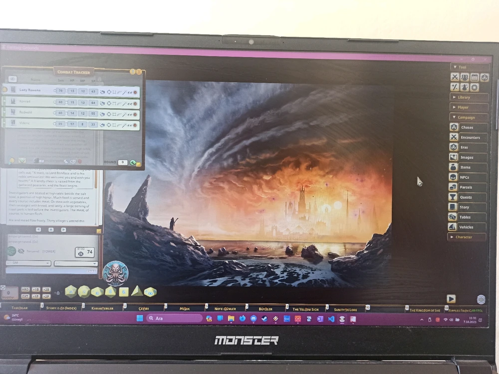 İnterface of Fantasy Grounds Unity with a background of Carvosa for Call of Cthulhu game.