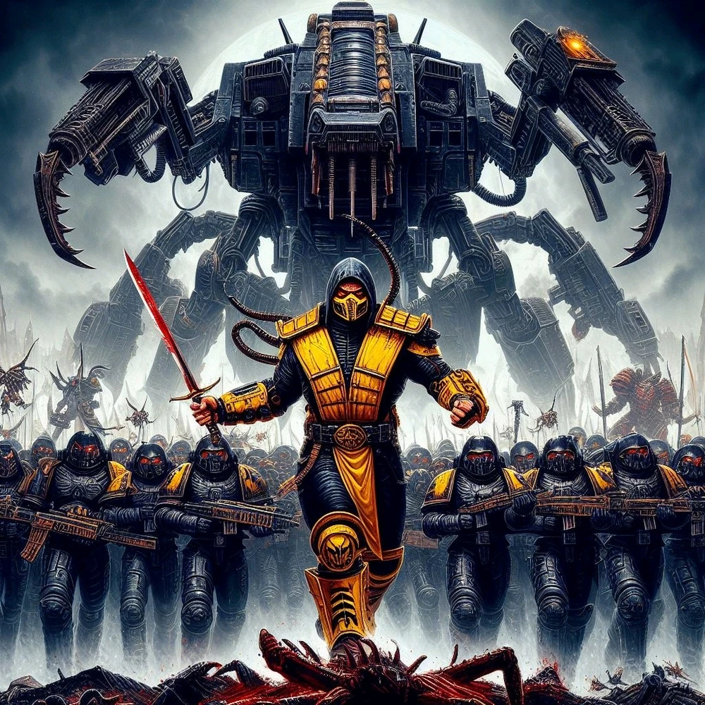 Scorpion leads a battalion of astartes and a custom titan to hunt down his rival Subzero.
