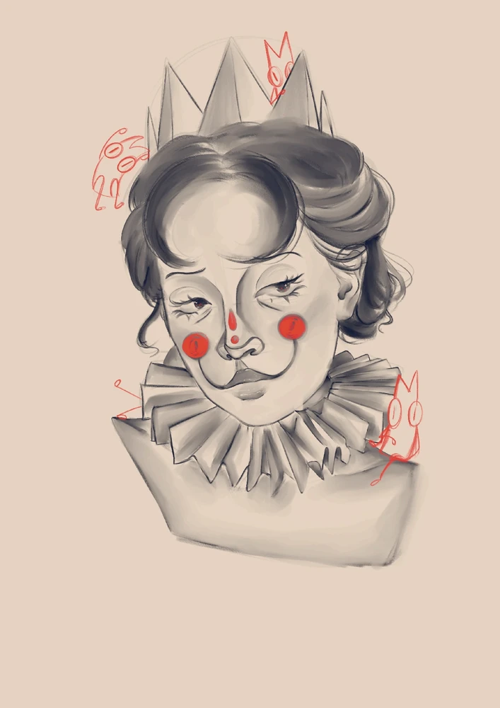 Cute clown girl with this little cat-like fella I doodle all over the place, all the time.