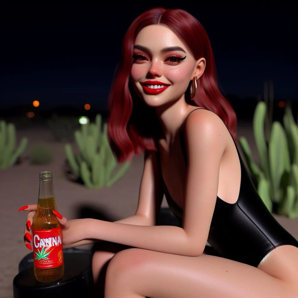  Tucson girl, enjoying a nice cold beer in the night desert smiling at the camera