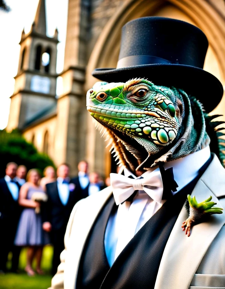 AI generated picture of an Iguana in formal wear in front of a church with a wedding crowd in the background.