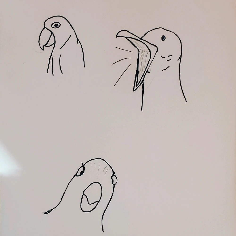 Three birds, alike in dignity, drawn poorly by a beginner artist.