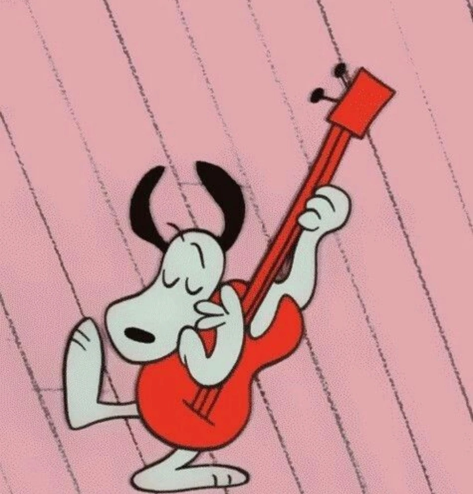 snoopy (a beloved cartoon character—a white beagle with black ears) plays a red guitar in the rain! he’s jamming 🎶 