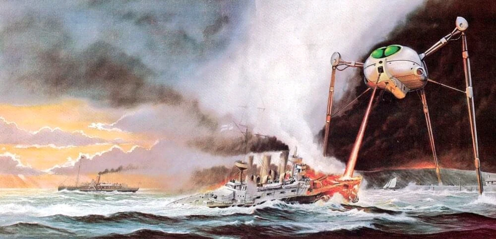 Cover art of Jeff Wayne's War of the Worlds showing Martian fighting machine attacking the warship HMS Thunder Child.