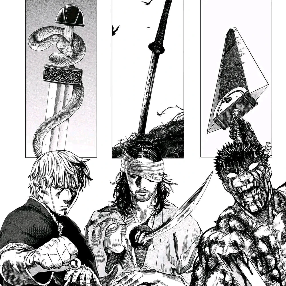 Left - Thorfinn Karlsefni
Centre - Miyamoto Musashi
Right - Guts