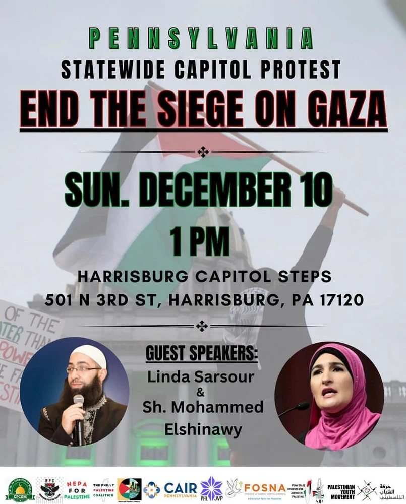 A flyer for the Pennsylvania statewide capitol protest to end the siege on Gaza on Sunday, Dec. 10, 2023.