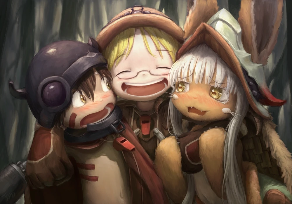 Fanart by thuan21995 of Riko pulling Reg and Nanachi into an under-arm hug while smiling with elation.