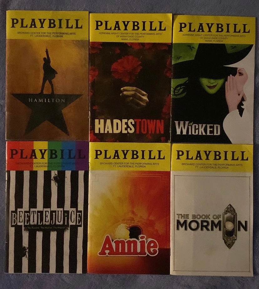 Six Broadway National tour Playbills: Hamilton, Hadestown, Wicked, Beetlejuice, Annie, Book of Mormon