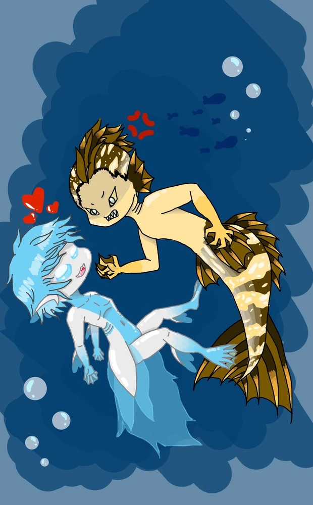 A happy little fish boy, named Binko, oblivious to the rage of a siren man he encountered while swimming. 