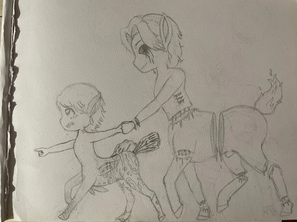 Adult centaur being dragged somewhere by his colt. 