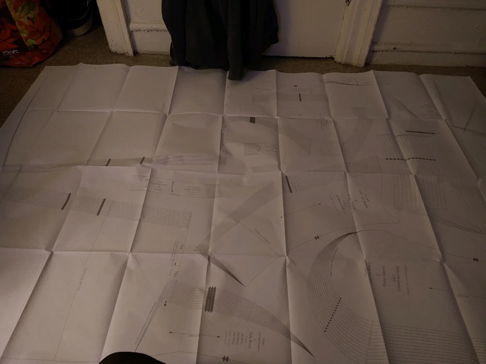 TV462 late bustle era pattern paper, split into several sizes and tail lengths. Thankfully, only 7 pieces needed to finish.