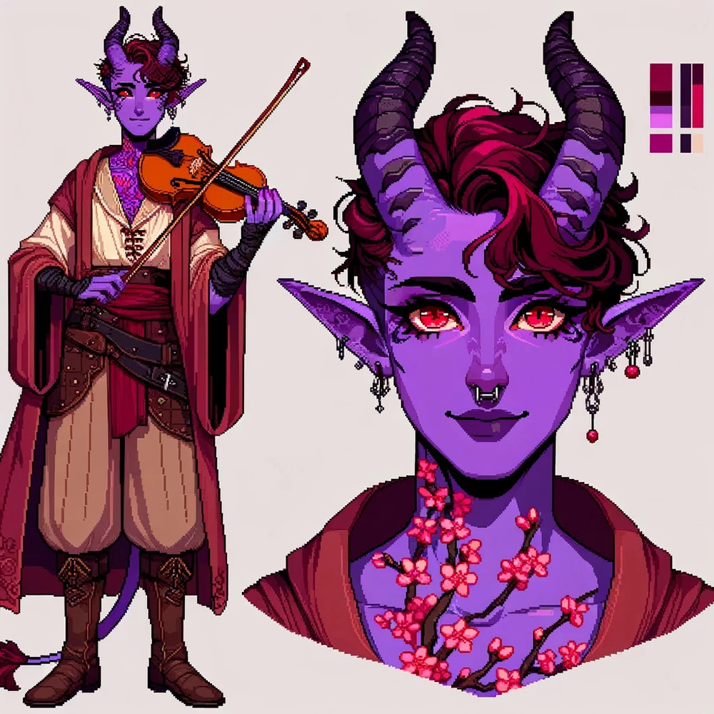 A tiefling bard, styled in pixel art.