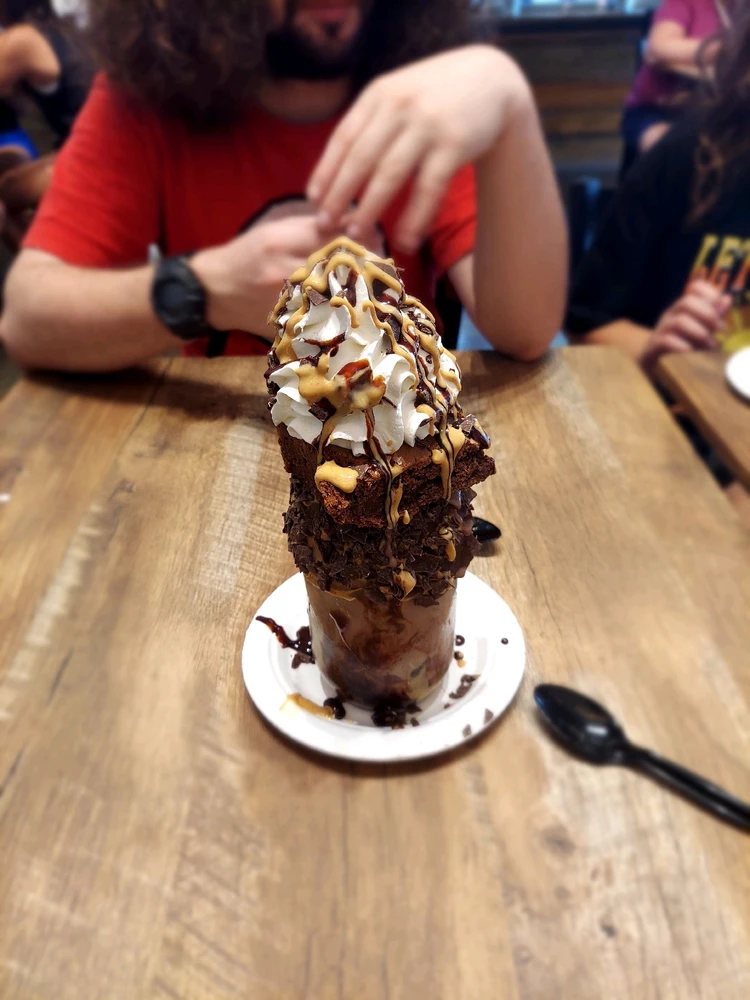 Brownie batter ice cream, peanut butter iced jar dipped in dark chocolate shavings, a huge brownie, whipped cream, peanut but