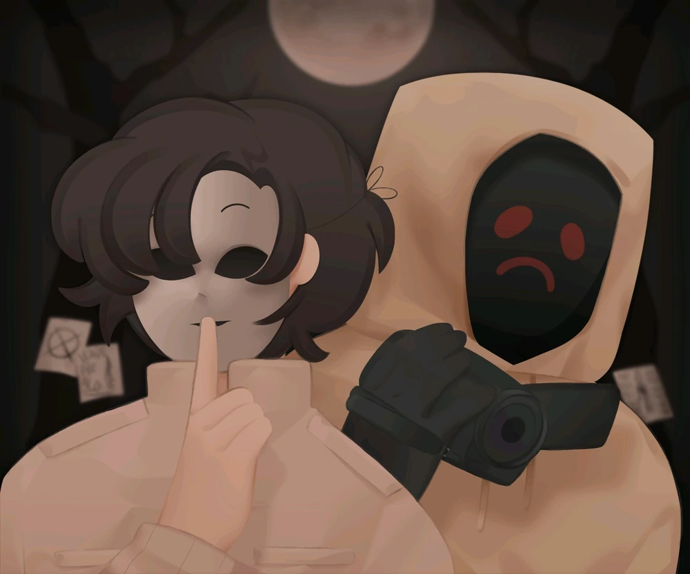masky and hoody(ie) from the youtube series "Marble Hornets". they're digitally rendered with a dark forrest background