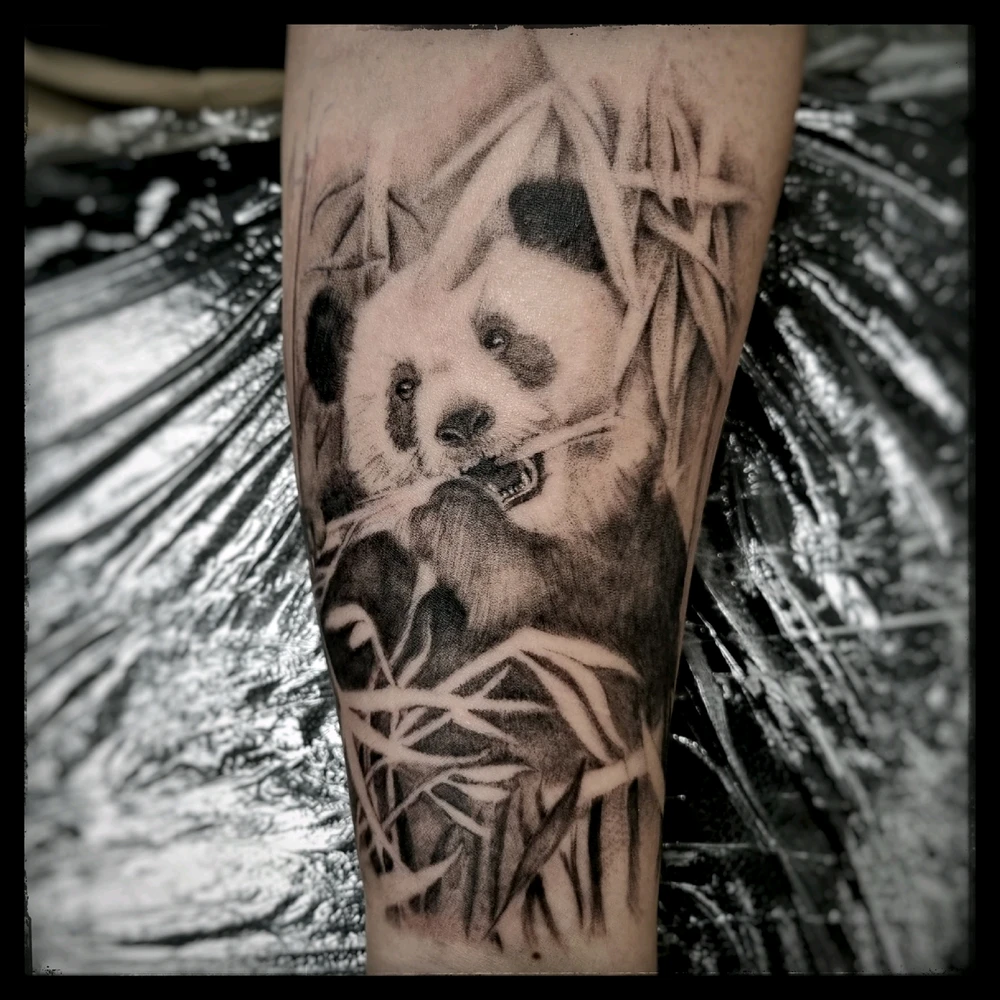 Ein realistisches Tattoo von einem Panda auf dem Unterarm 